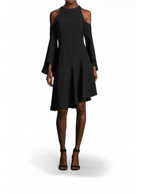 Scripted Cold-Shoulder Bell-Sleeve Dress M